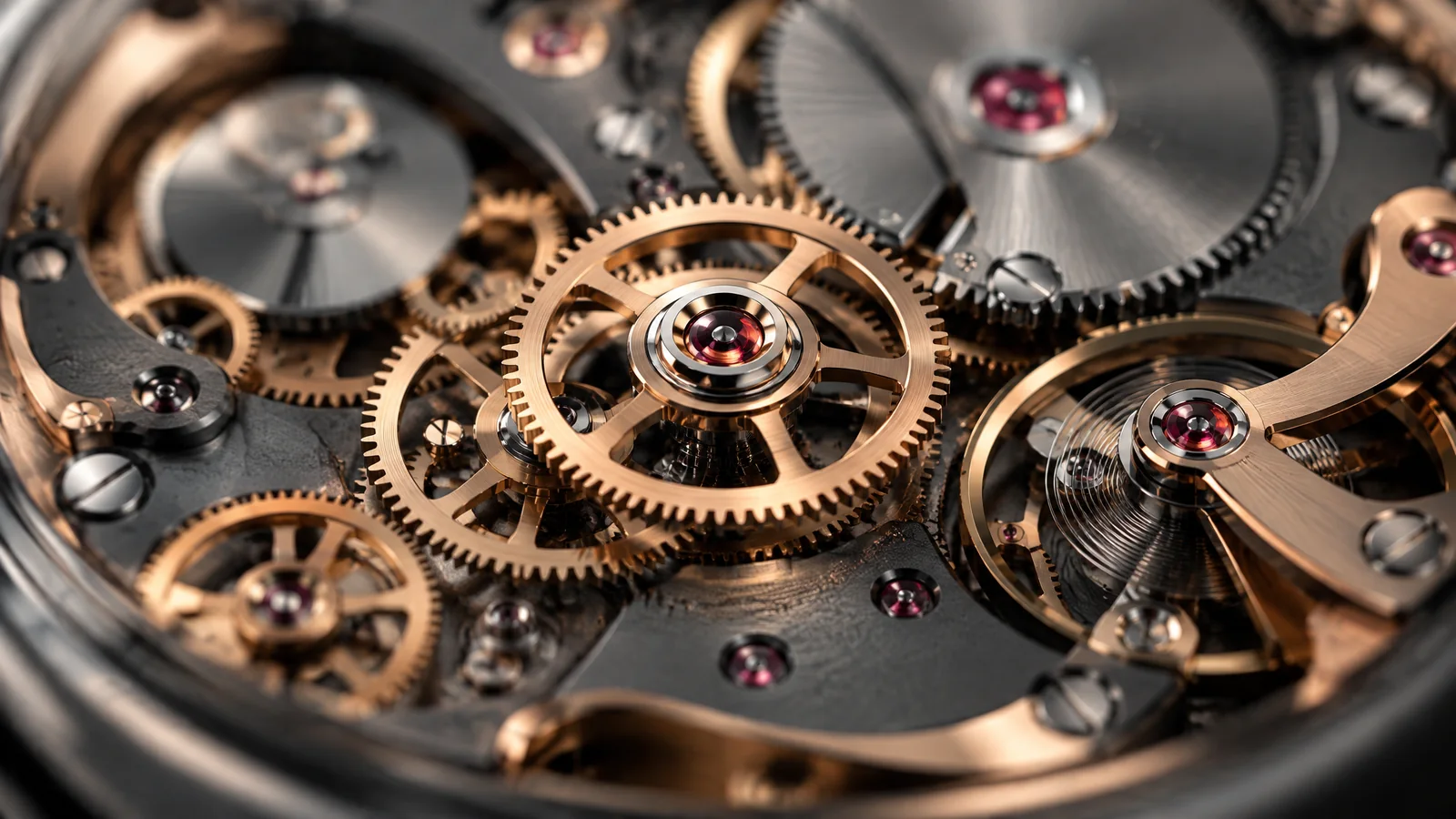 Macro view of a watch movement with interlocking rose gold and titanium gears and ruby jewels, one central gear in sharp focus