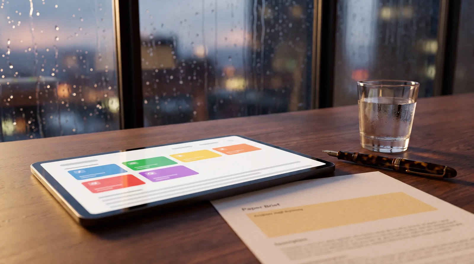 A tablet on a walnut boardroom table showing six coloured tiles above a short paragraph, beside a printed one-page brief with an amber highlighted box and a fountain pen