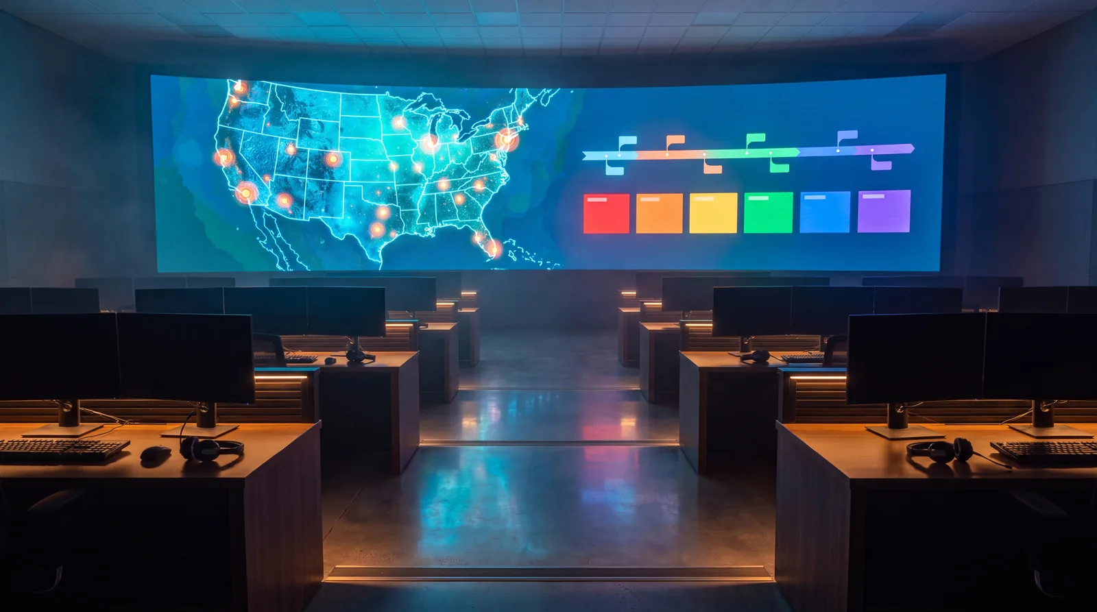 An empty operations centre at night with a curved wall of screens showing an abstract regional map, a timeline ribbon and a row of coloured status tiles