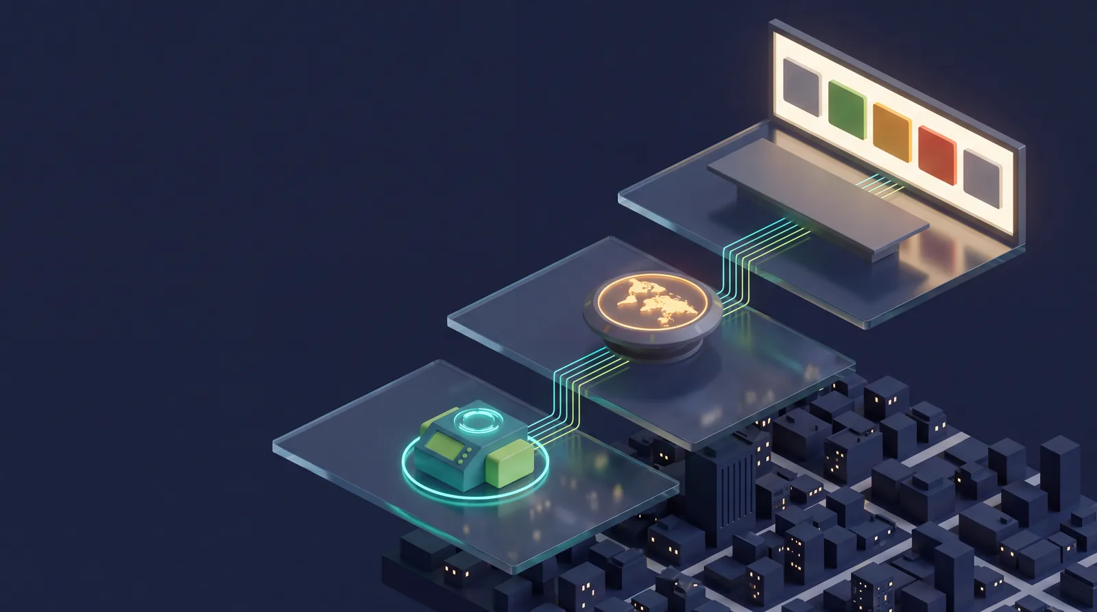 Isometric illustration of three glass platforms rising above a night city: a monitoring console, a command table with a map, and a boardroom table facing six coloured impact tiles